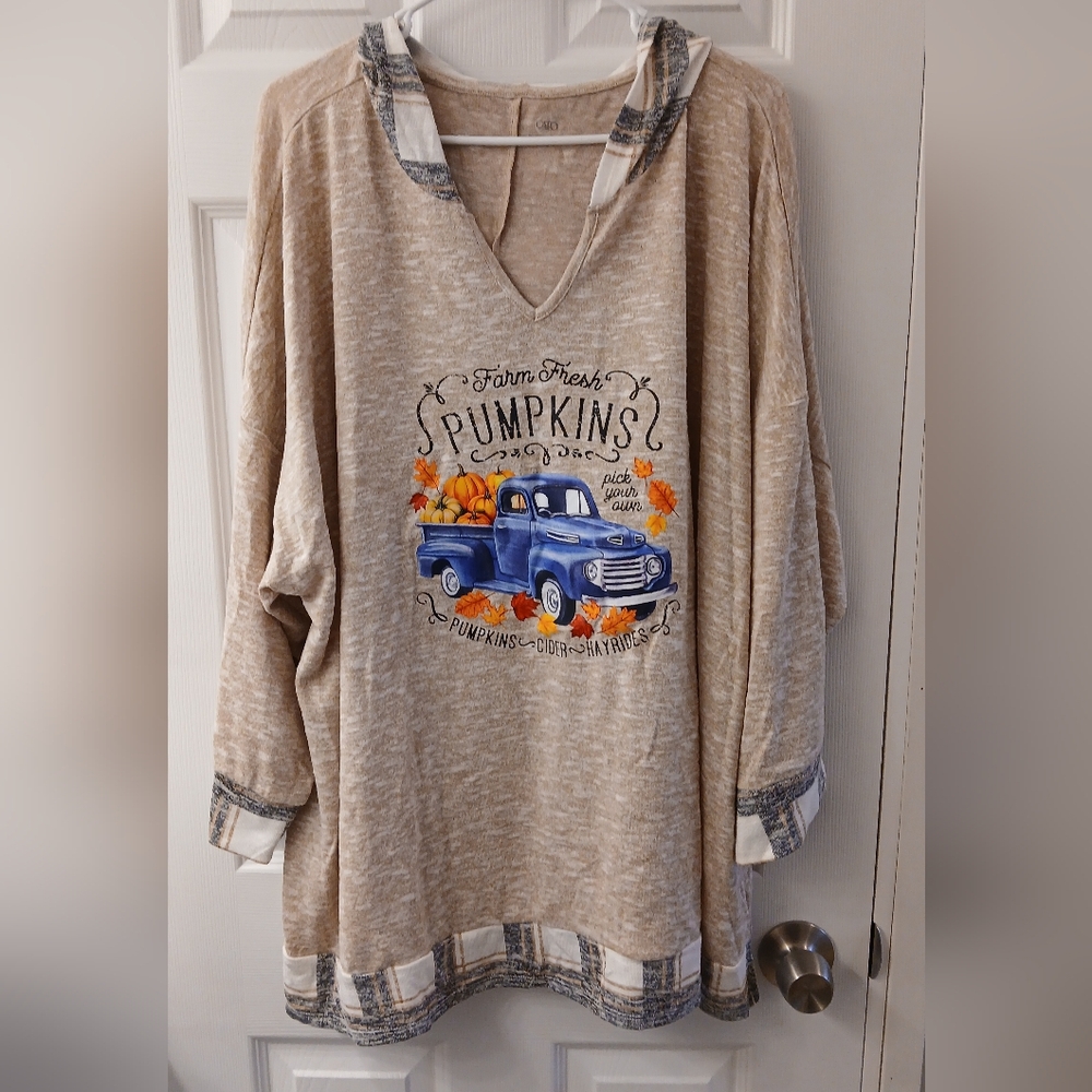 Cato Women’s Fall Hooded Sweater Tee "Old Time Truck/Pumpkins "Oatmeal 26/28W